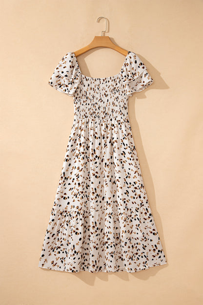 Beige Ditsy Floral Smocked Square Neck Midi Dress