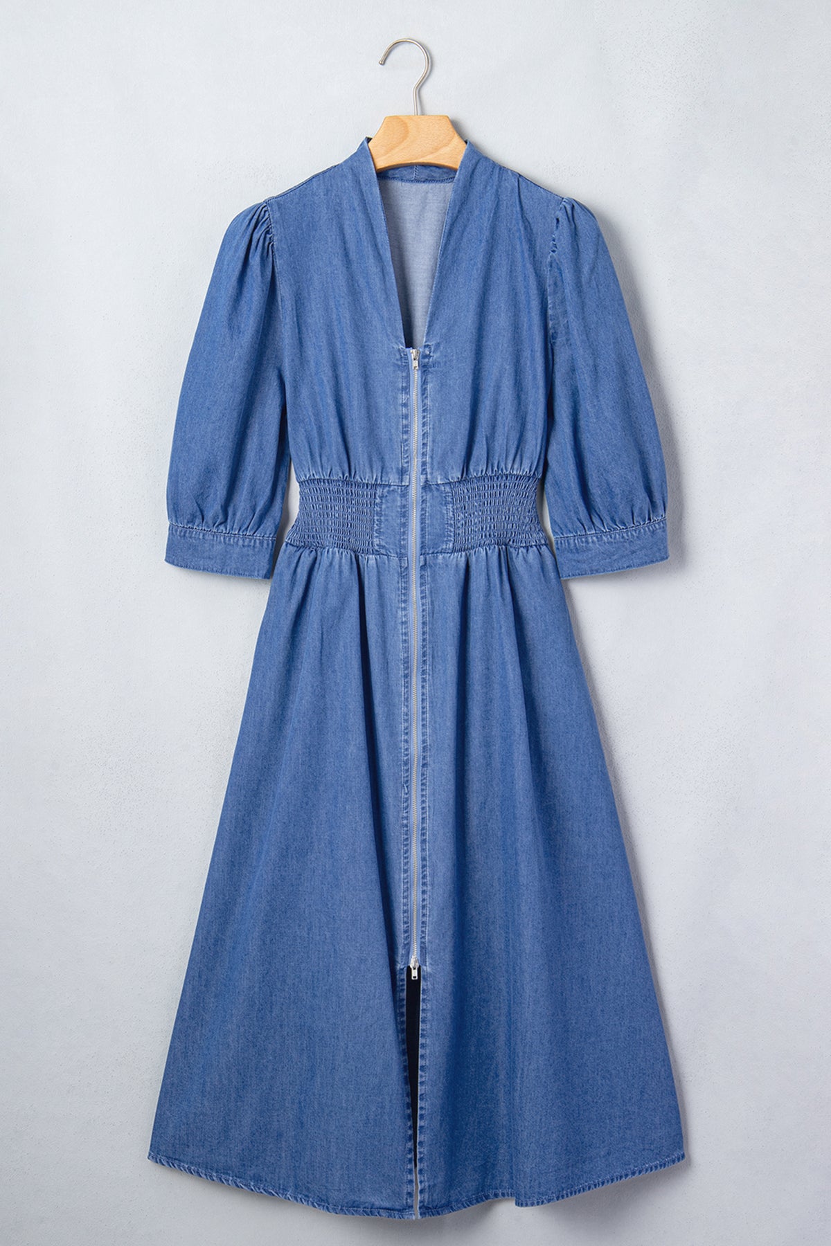 Blue Zip Front Denim Midi Dress
