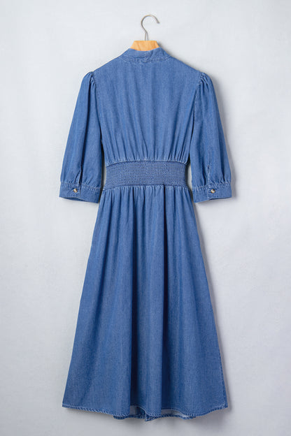 Blue Zip Front Denim Midi Dress