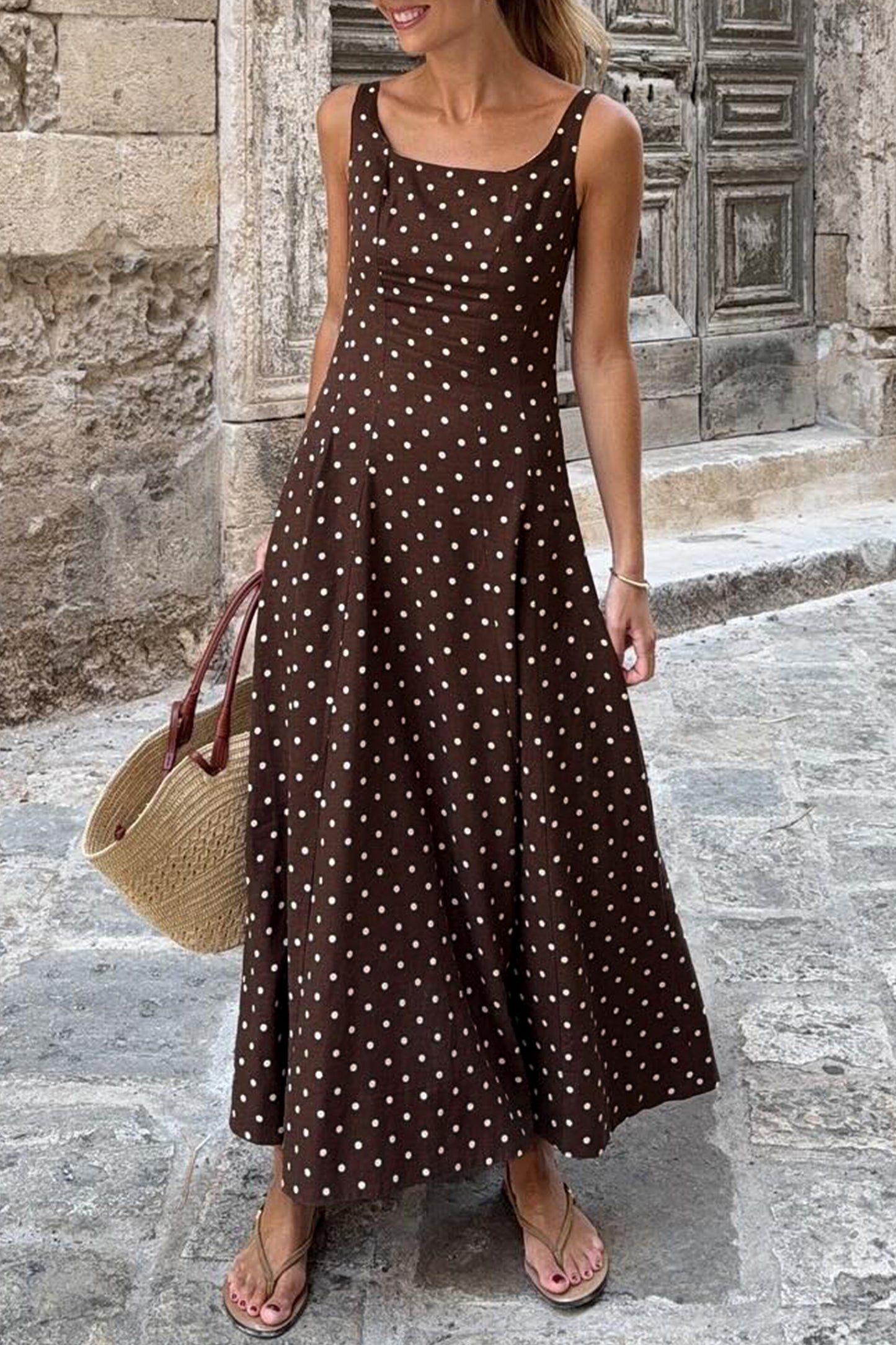 Brown Polka Dot Square Neck Maxi Dress