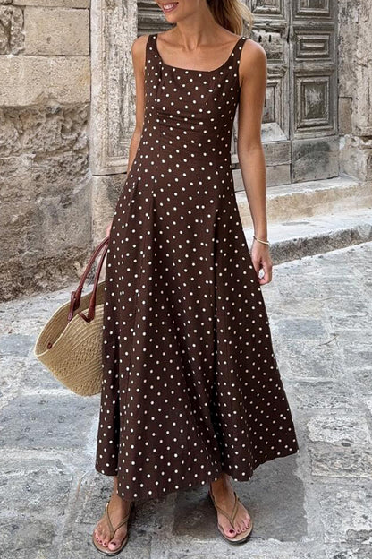 Brown Polka Dot Square Neck Maxi Dress