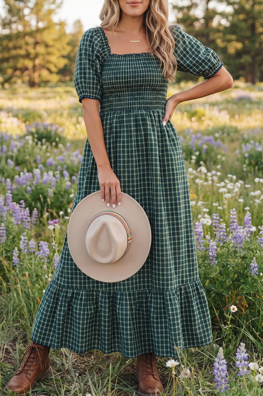 Green Plaid Shirred High Waist Dress