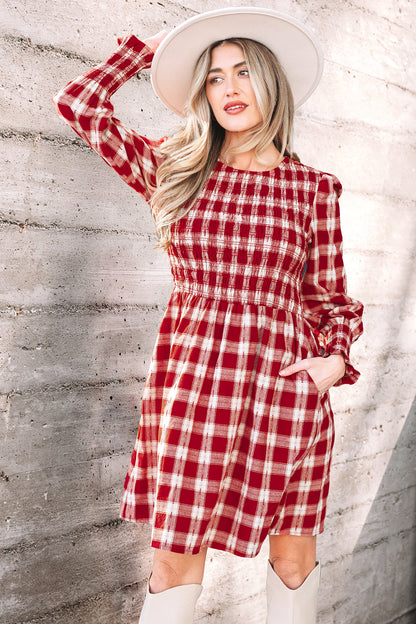 Red Plaid Smocked Puff Sleeve Mini Dress