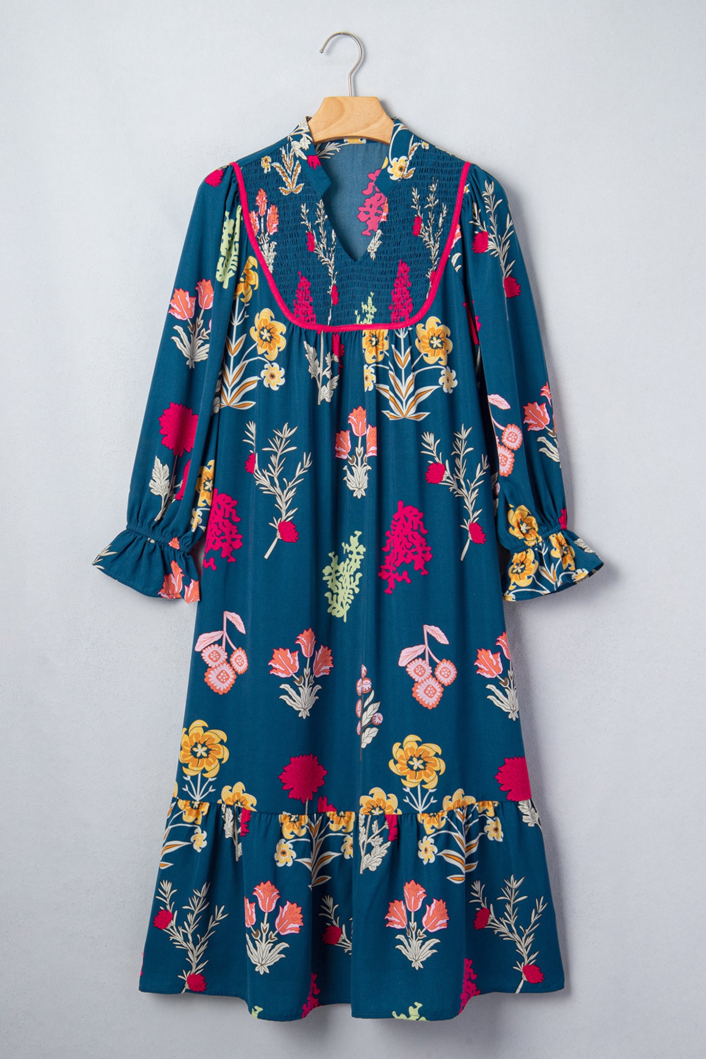Blue Floral Gathered Neck Midi Dress