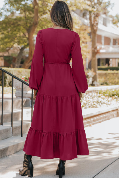 Burgundy Button V-Neck Tiered Maxi Dress