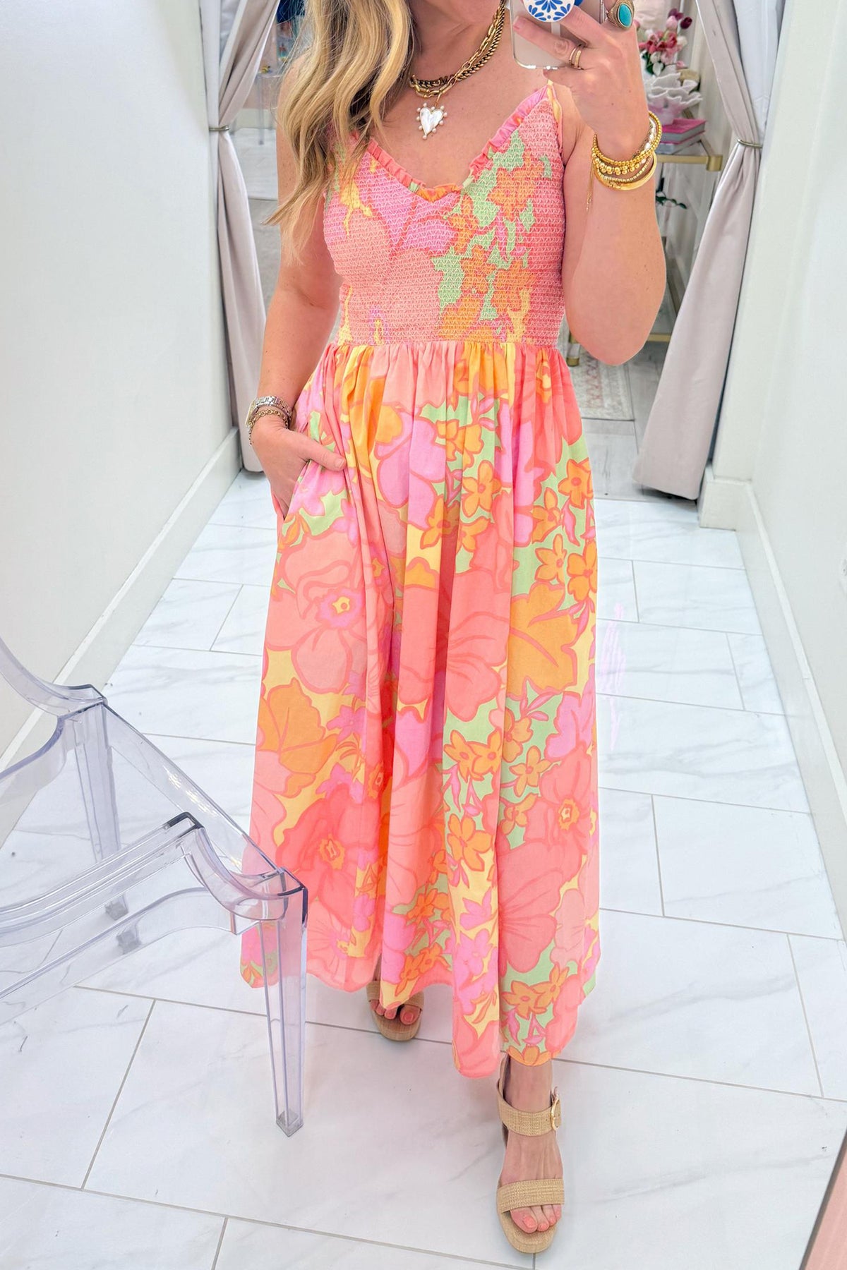 Pink Floral Shirred High Waist Dress