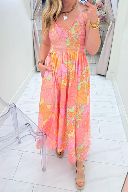 Pink Floral Shirred High Waist Dress