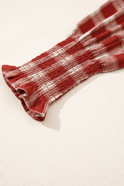 Red Plaid Smocked Puff Sleeve Mini Dress