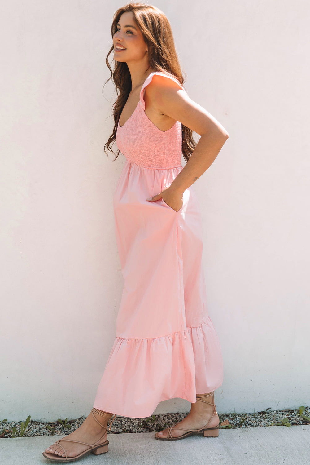 Black V-Neck Flutter Sleeve Ruffle Maxi Dress