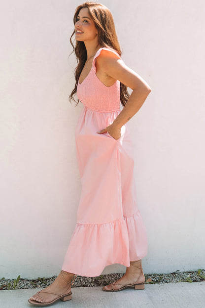 Black V-Neck Flutter Sleeve Ruffle Maxi Dress