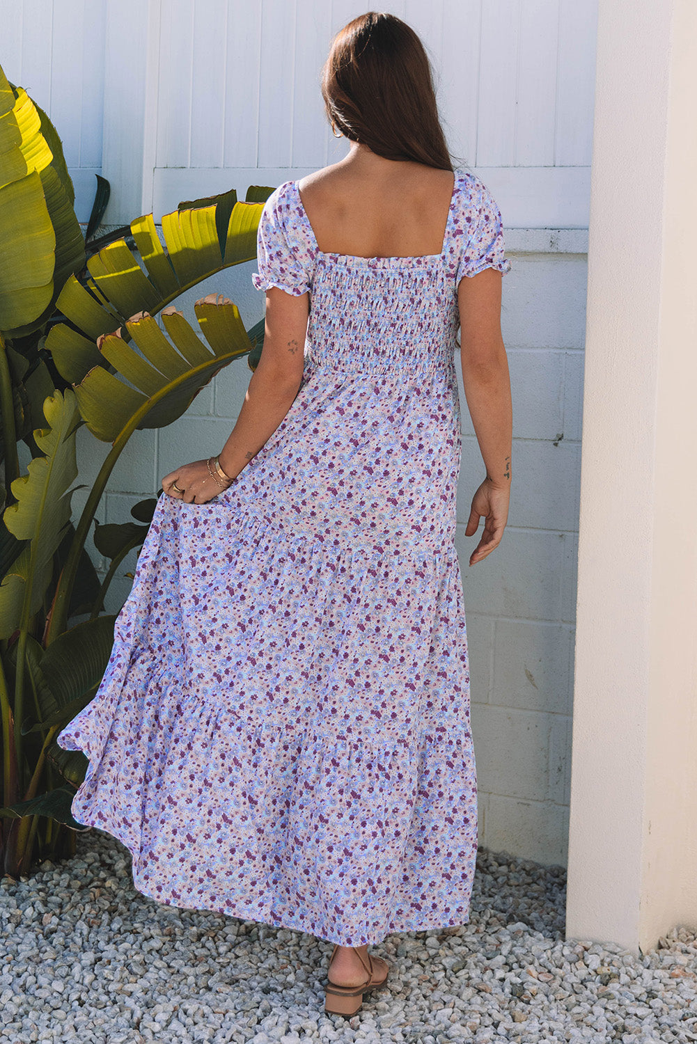 Pink Floral Shirred High Waist Maxi Dress