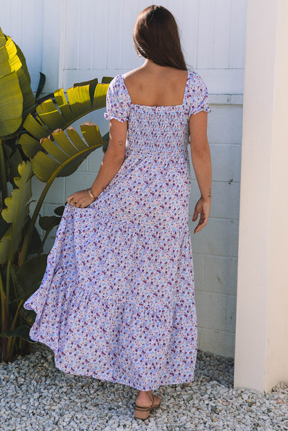 Pink Floral Shirred High Waist Maxi Dress