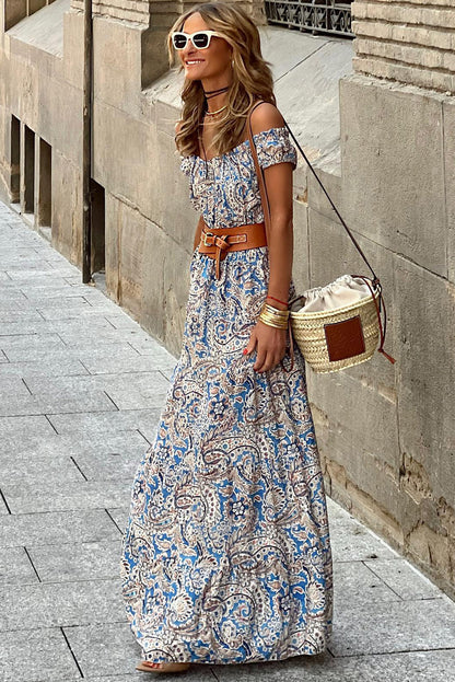 Blue Boho Paisley Off-Shoulder Maxi Dress