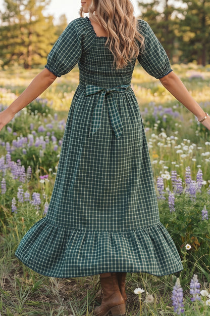 Green Plaid Shirred High Waist Dress