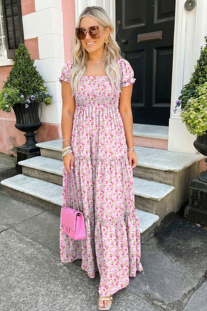 Pink Floral Shirred High Waist Maxi Dress