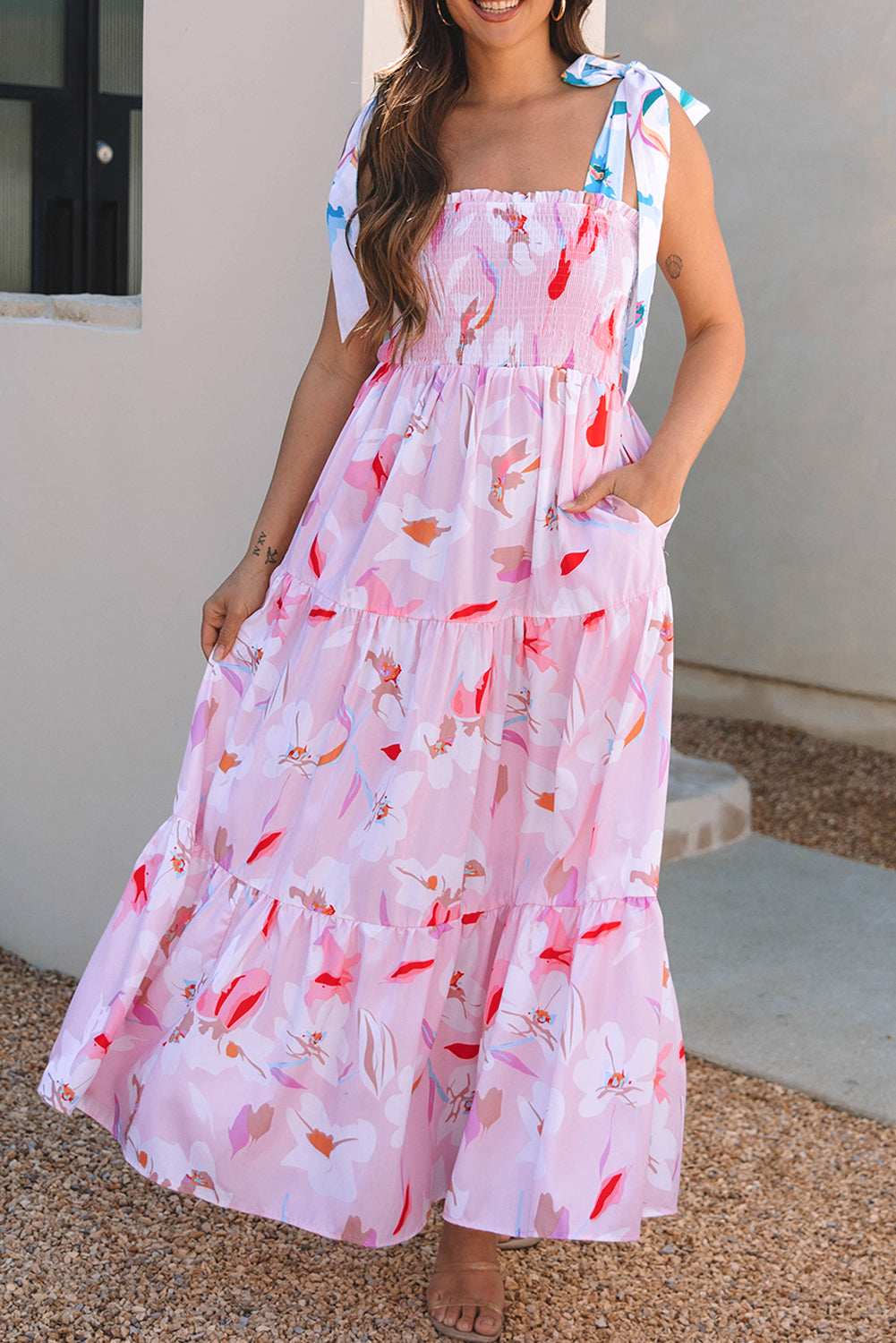 Floral Knotted Strap Tiered Maxi Dress