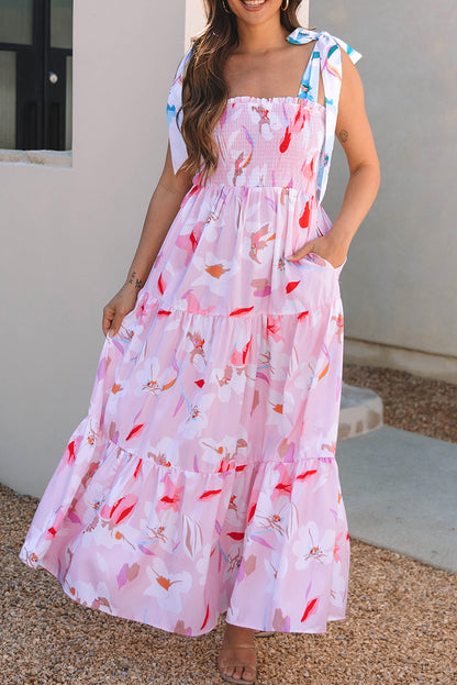 Floral Knotted Strap Tiered Maxi Dress
