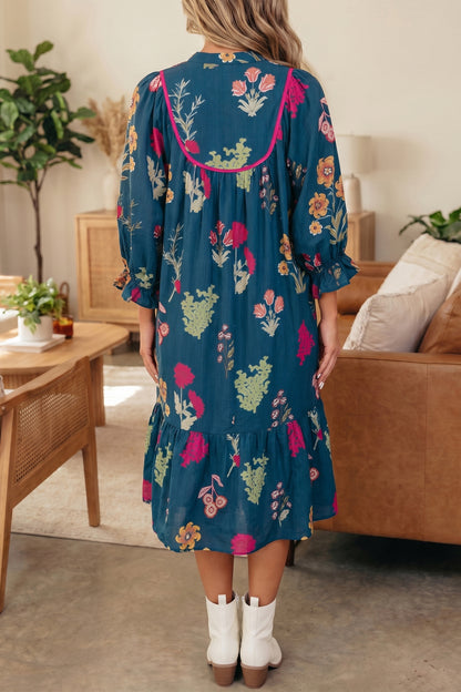 Blue Floral Gathered Neck Midi Dress