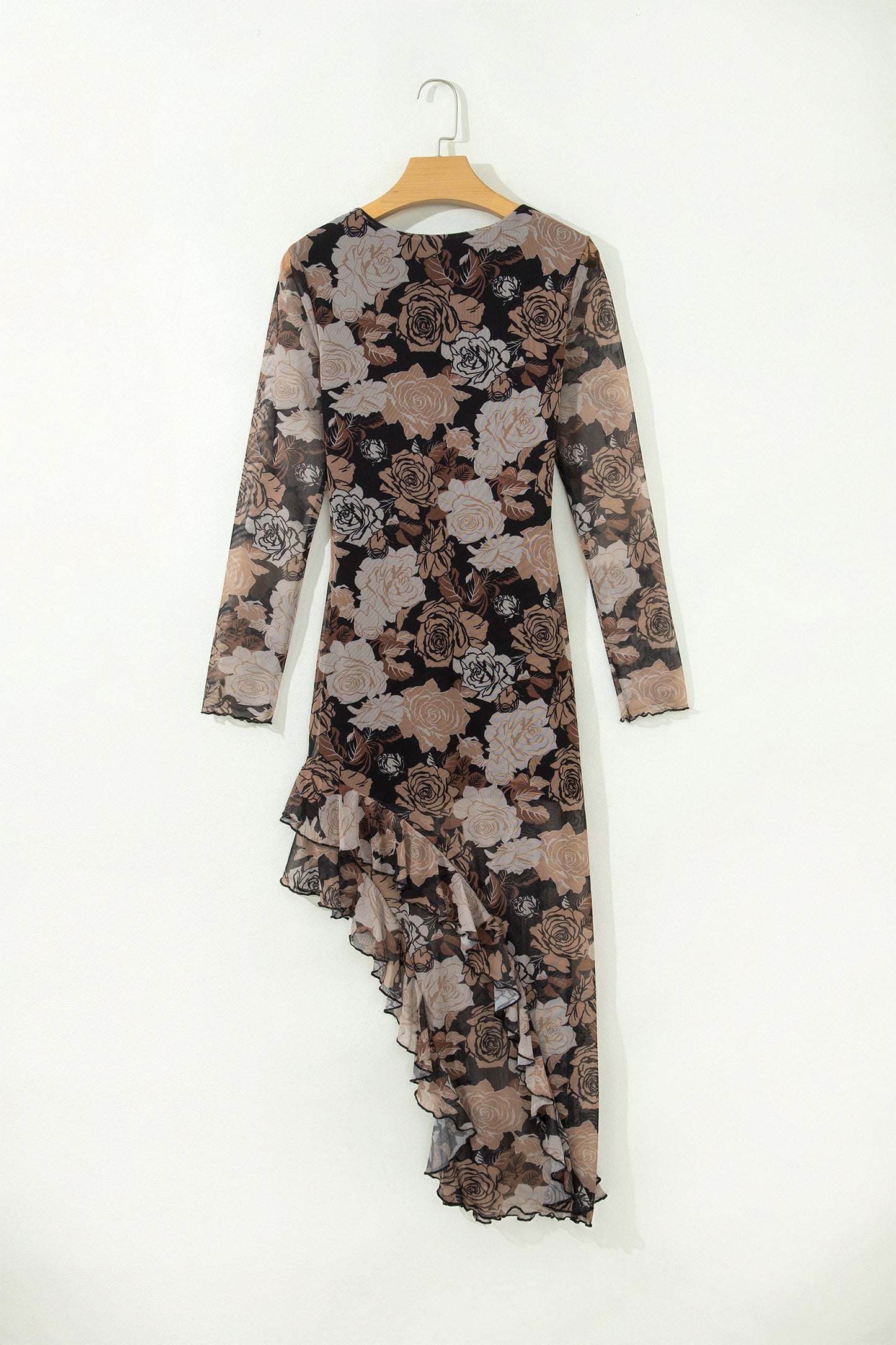 Black Floral Mesh Ruffle Split Hem Dress
