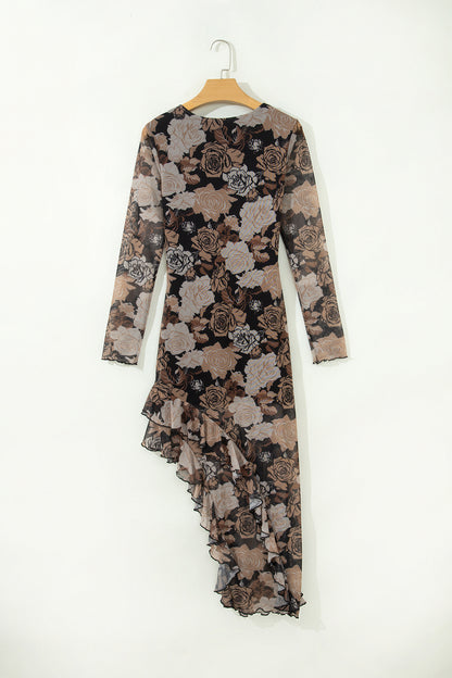 Black Floral Mesh Ruffle Split Hem Dress