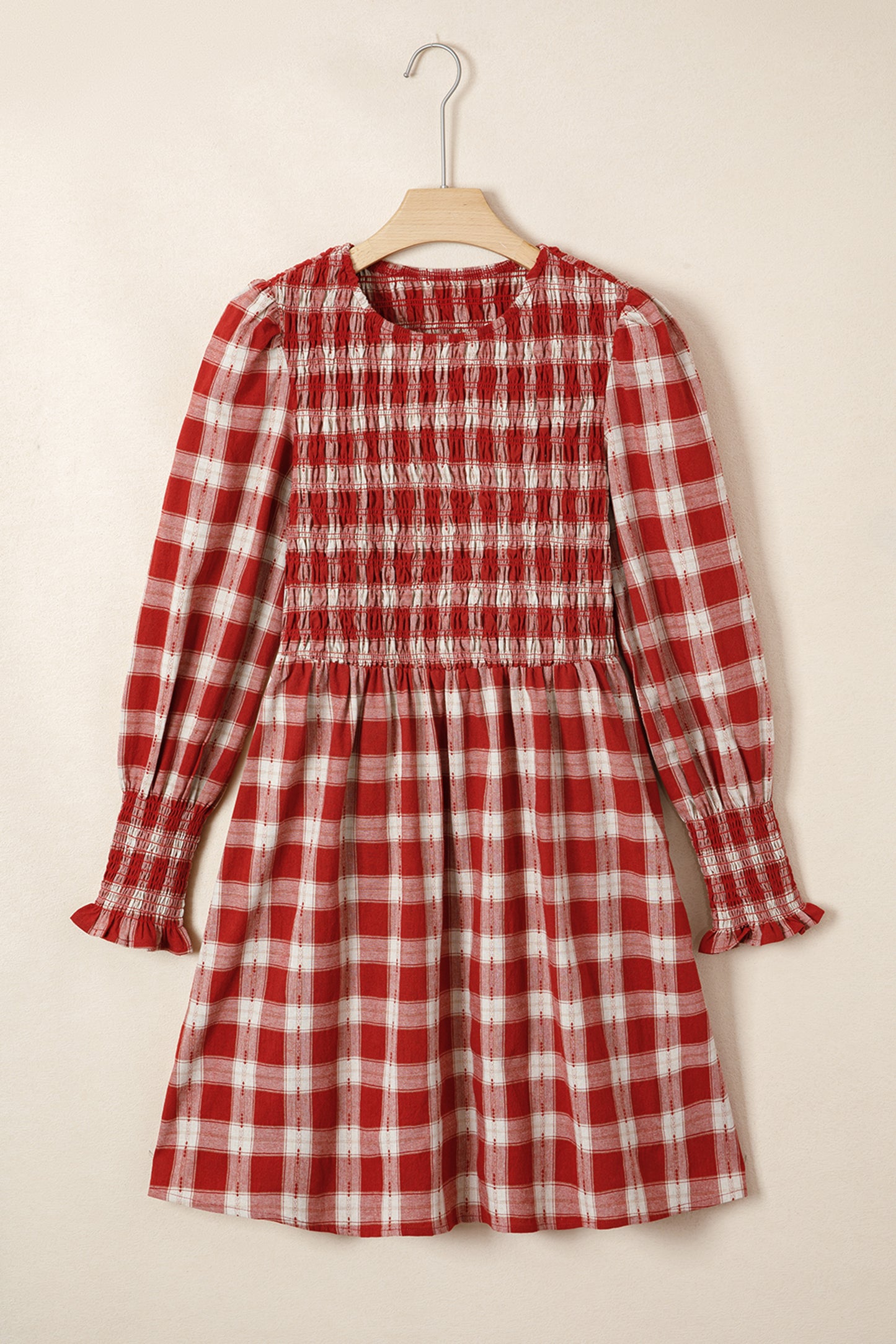 Red Plaid Smocked Puff Sleeve Mini Dress