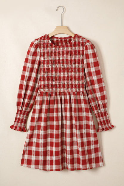 Red Plaid Smocked Puff Sleeve Mini Dress