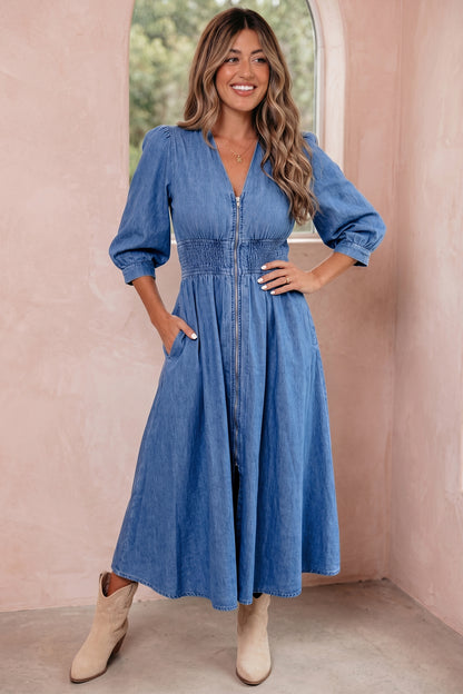 Blue Zip Front Denim Midi Dress