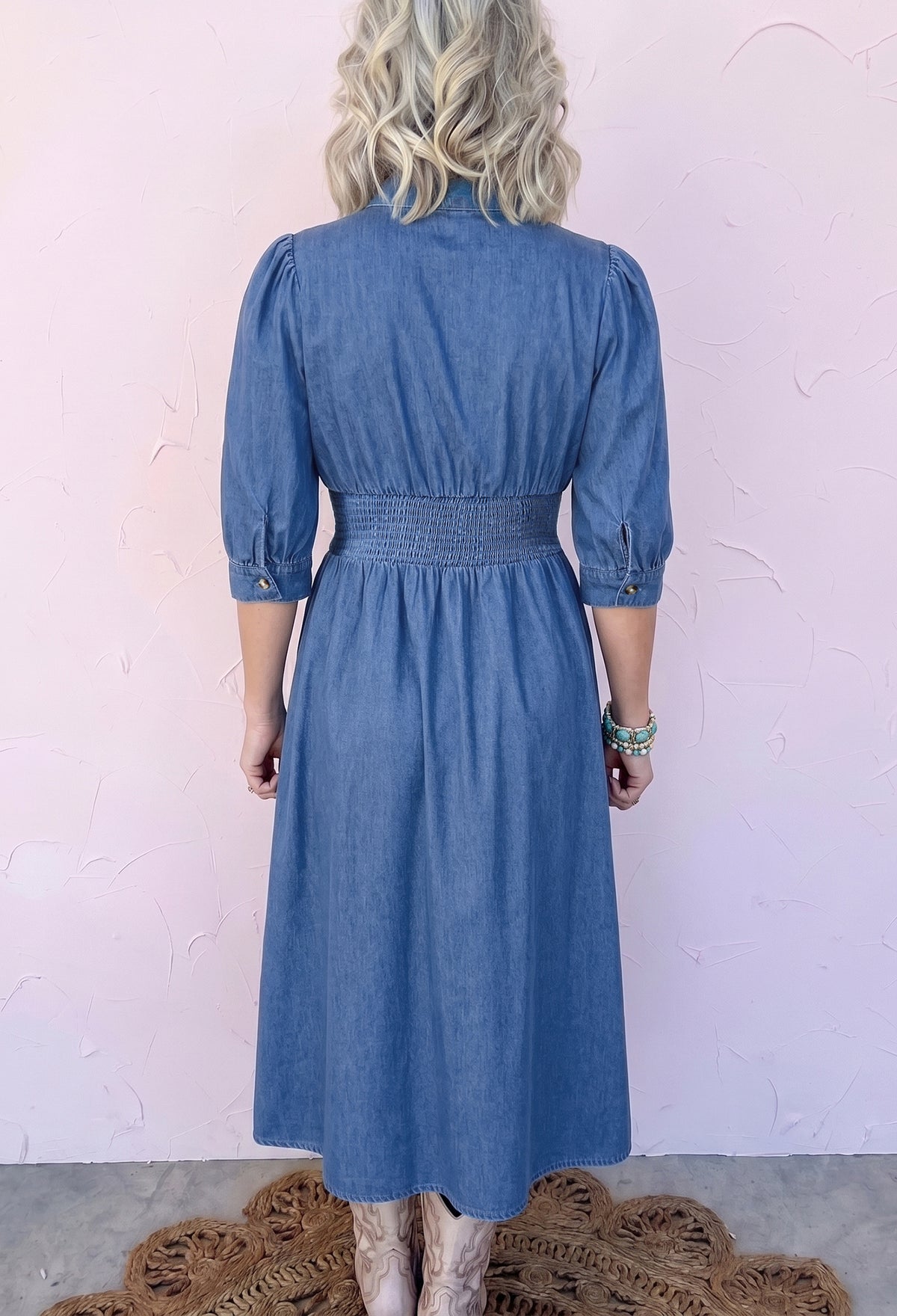 Blue Zip Front Denim Midi Dress