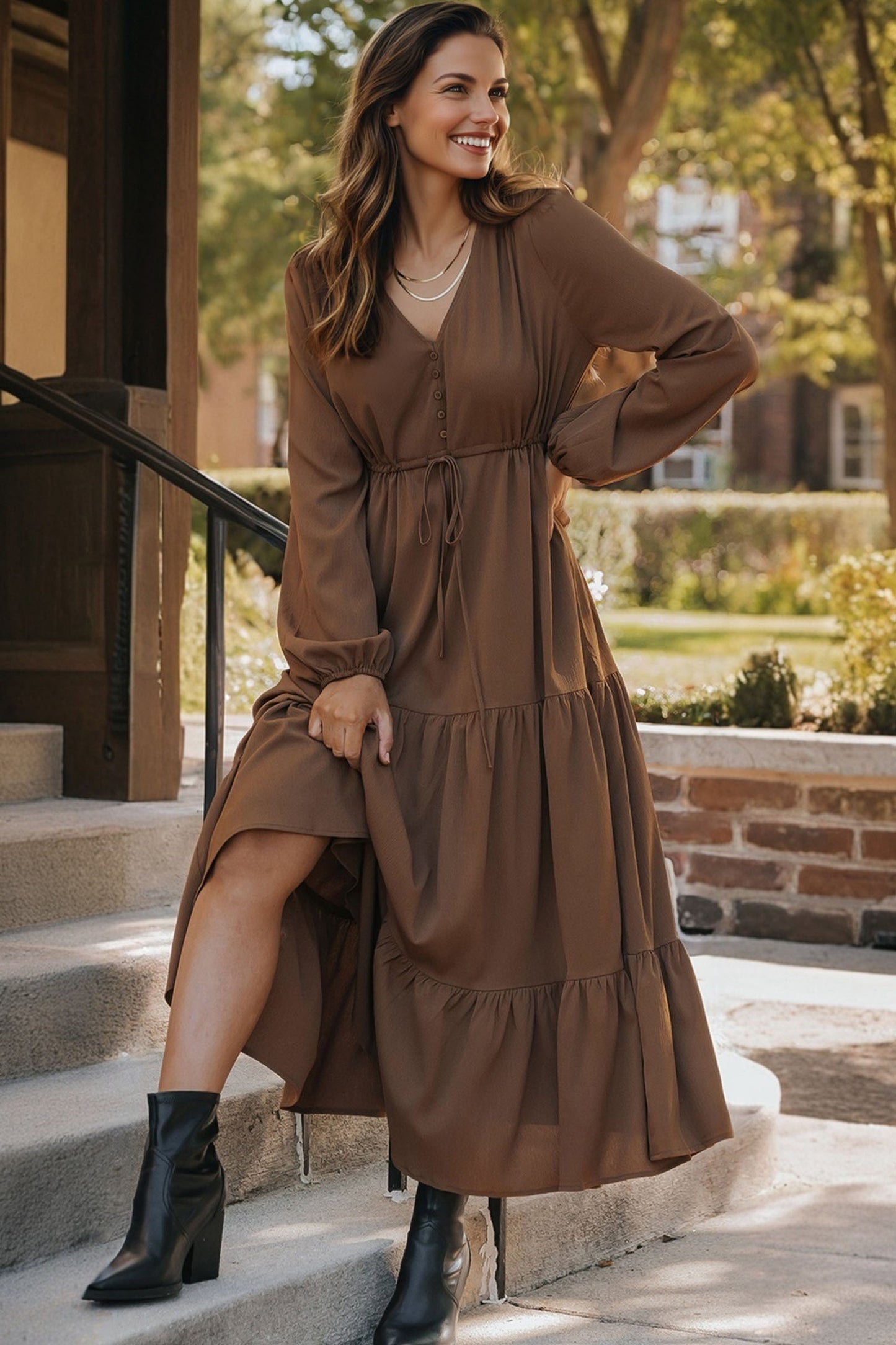 Burgundy Button V-Neck Tiered Maxi Dress