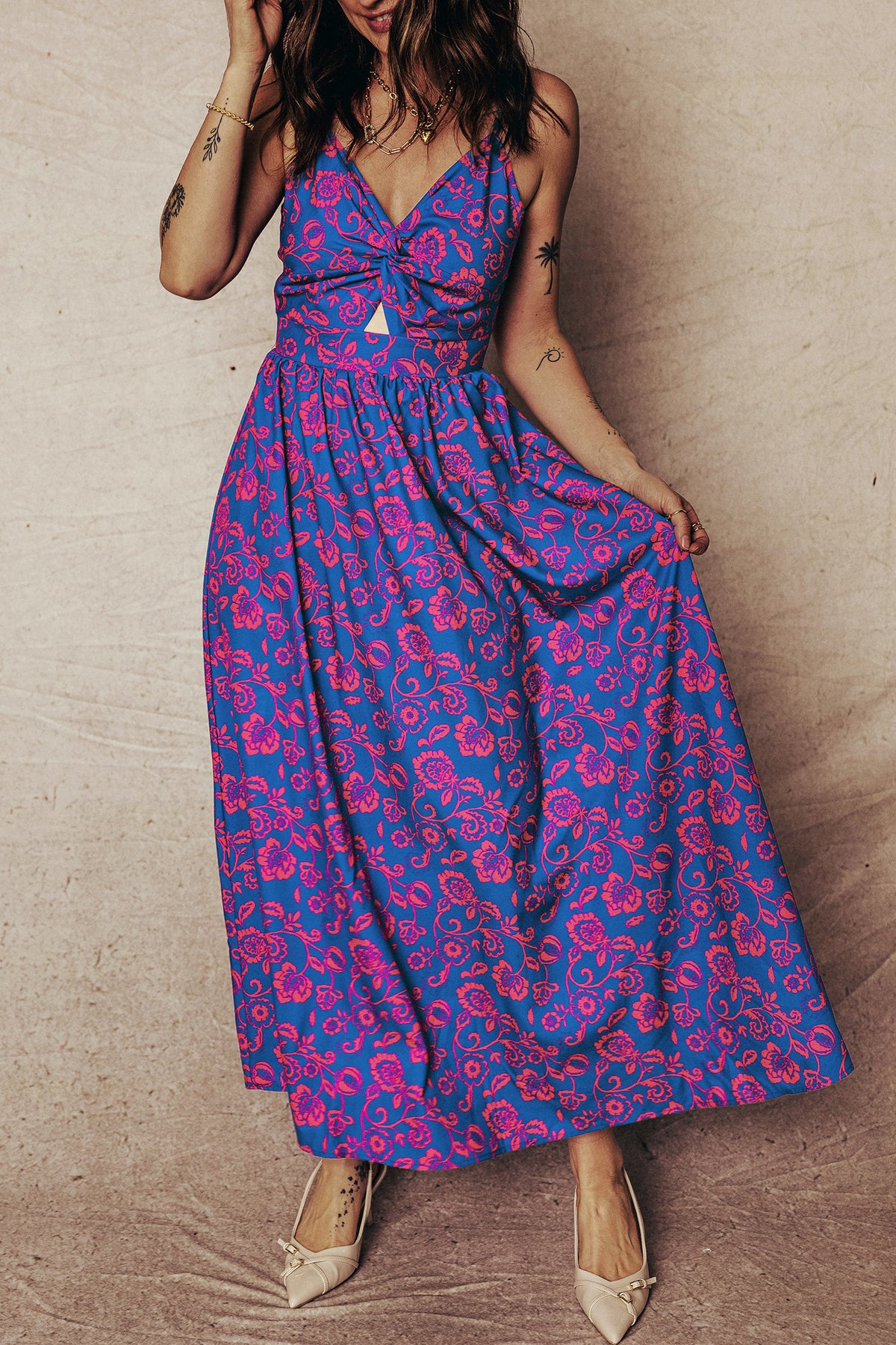 Blue Floral Twisted V-Neck Maxi Dress