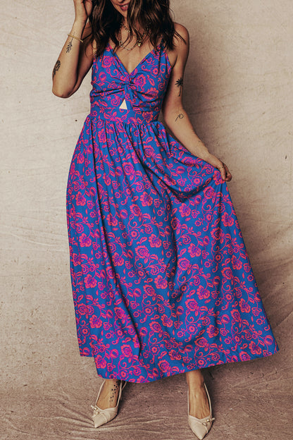 Blue Floral Twisted V-Neck Maxi Dress