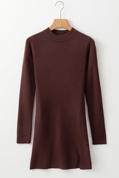 Coffee Mock Neck Side Slit Sweater Dress