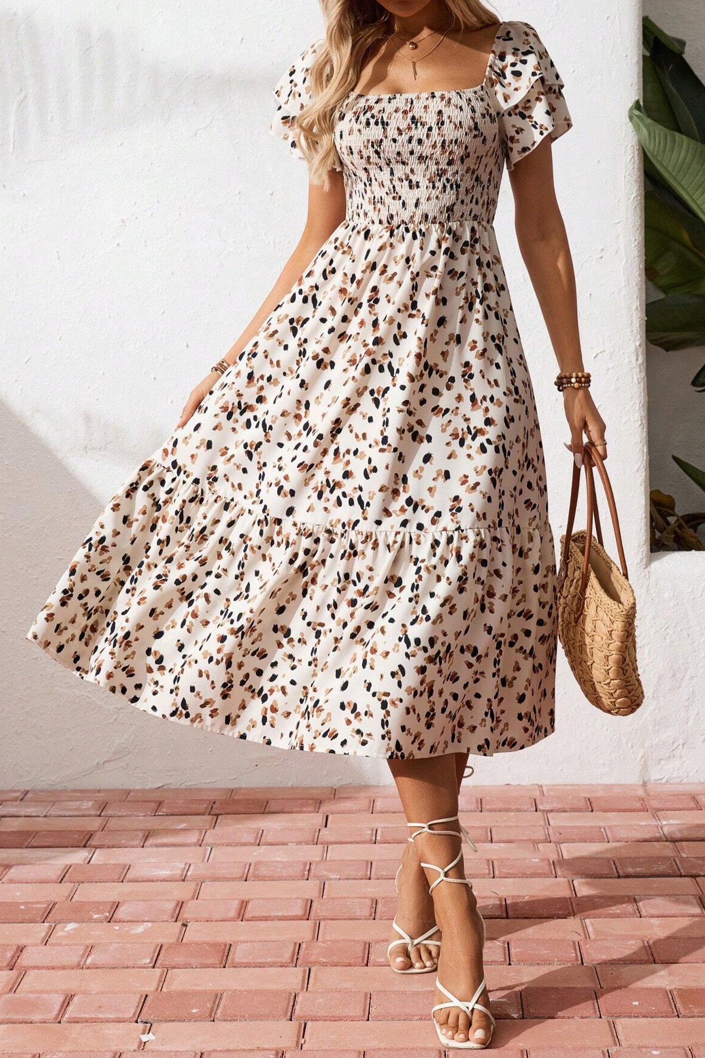 Beige Ditsy Floral Smocked Square Neck Midi Dress