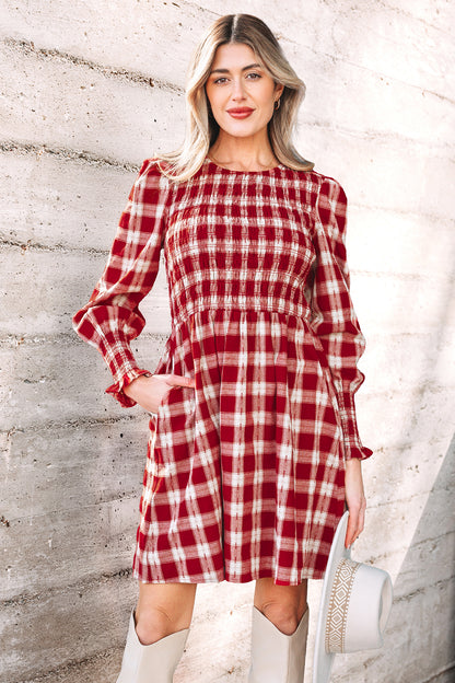 Red Plaid Smocked Puff Sleeve Mini Dress