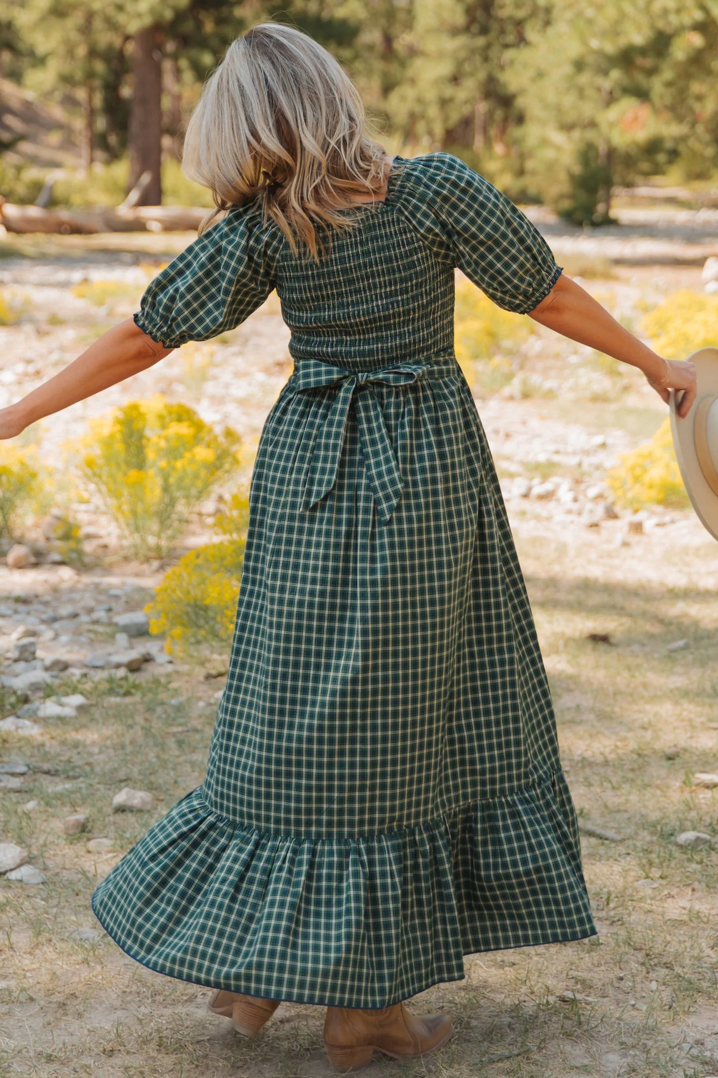 Green Plaid Shirred High Waist Dress