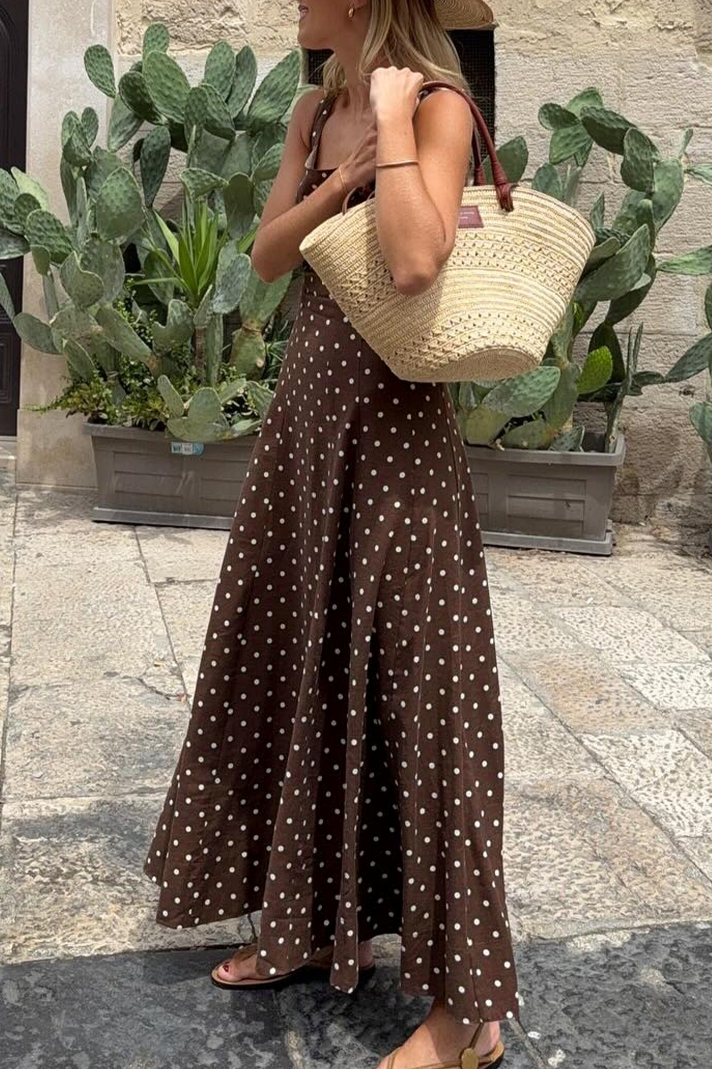 Brown Polka Dot Square Neck Maxi Dress
