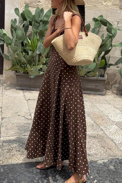 Brown Polka Dot Square Neck Maxi Dress