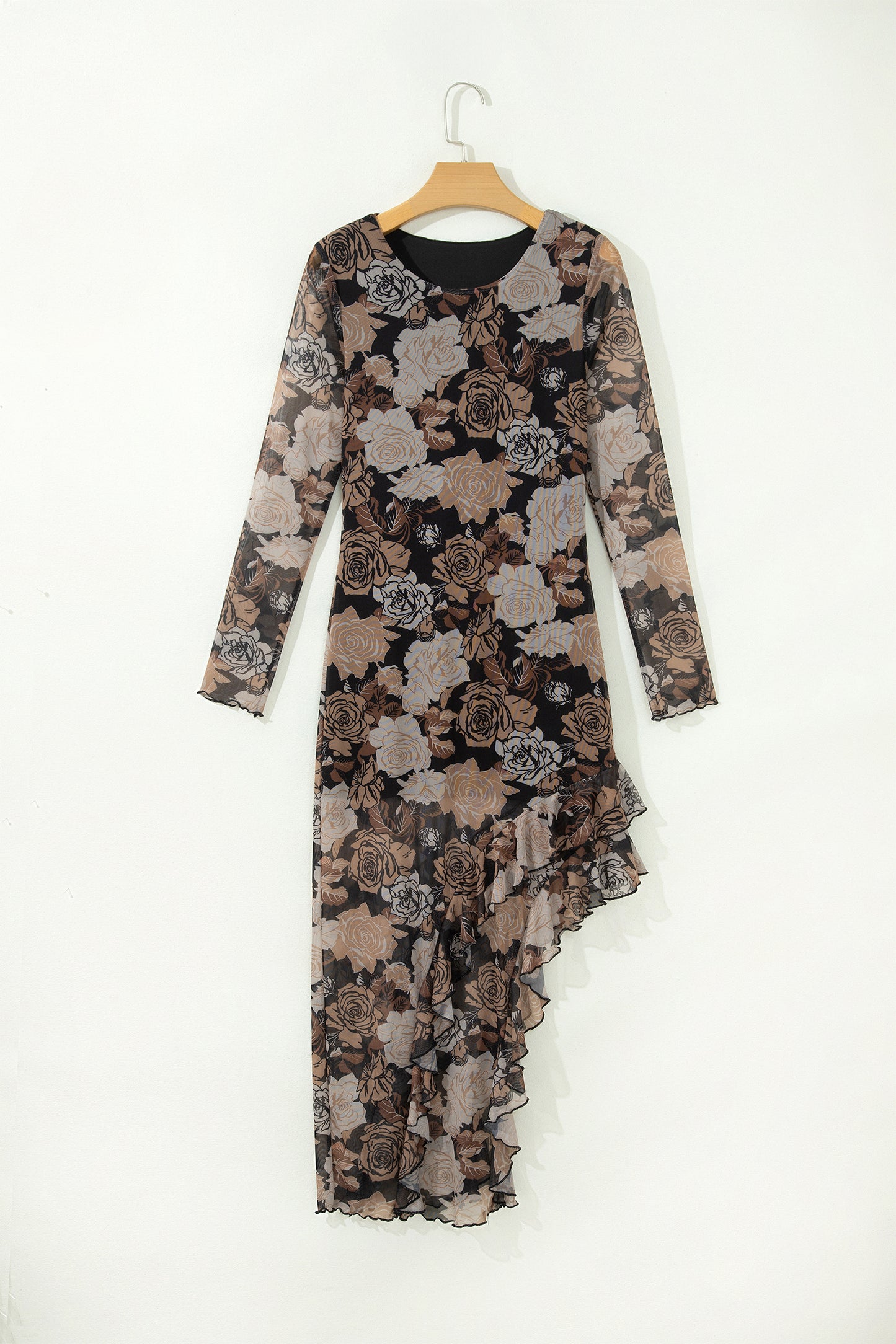 Black Floral Mesh Ruffle Split Hem Dress