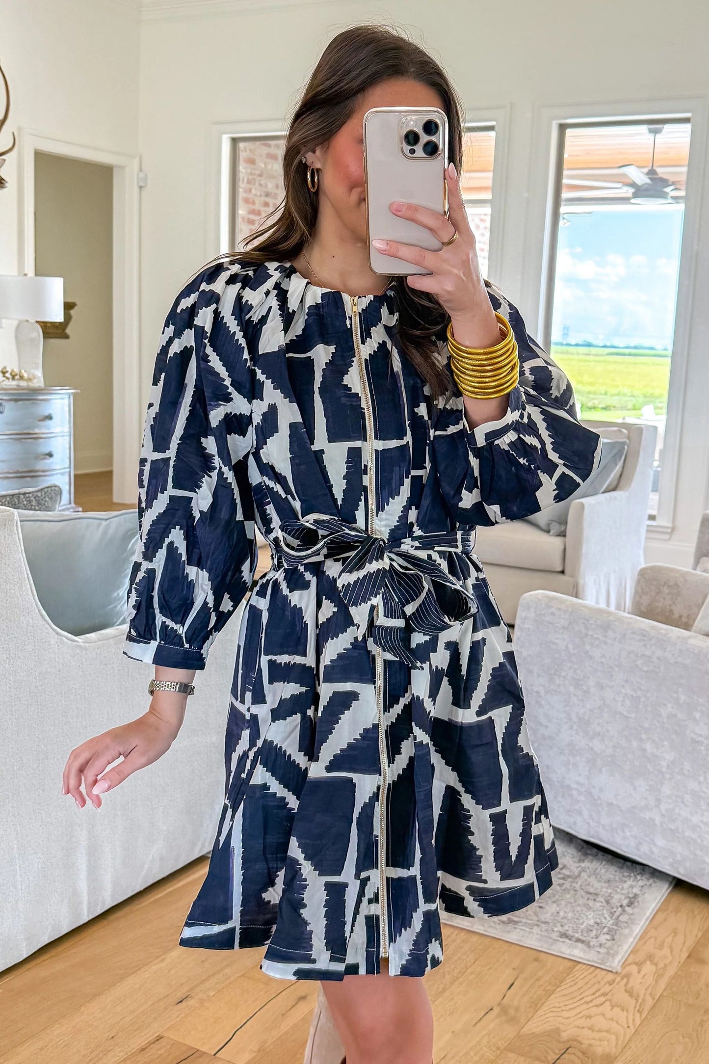 Blue Abstract Zip Front Tie Waist Dress