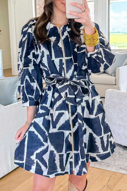 Blue Abstract Zip Front Tie Waist Dress