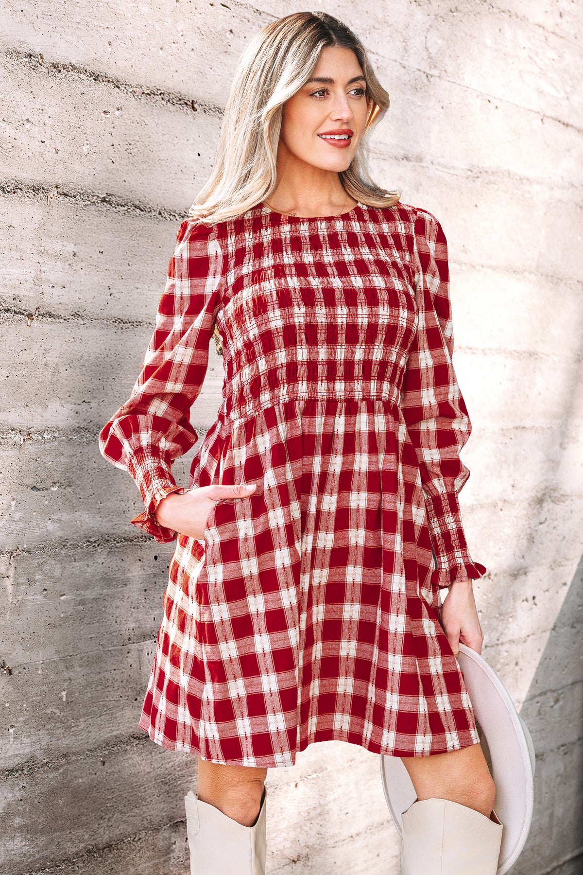 Red Plaid Smocked Puff Sleeve Mini Dress