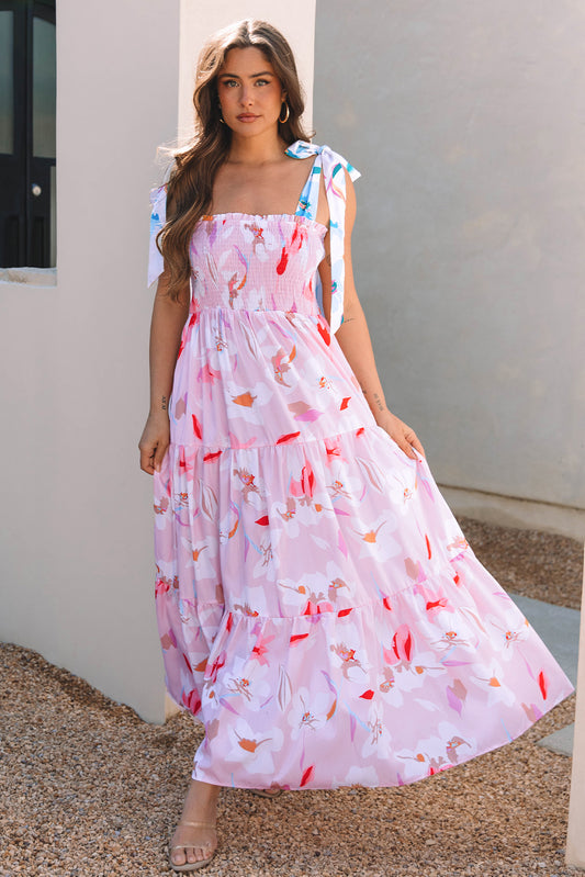 Floral Knotted Strap Tiered Maxi Dress