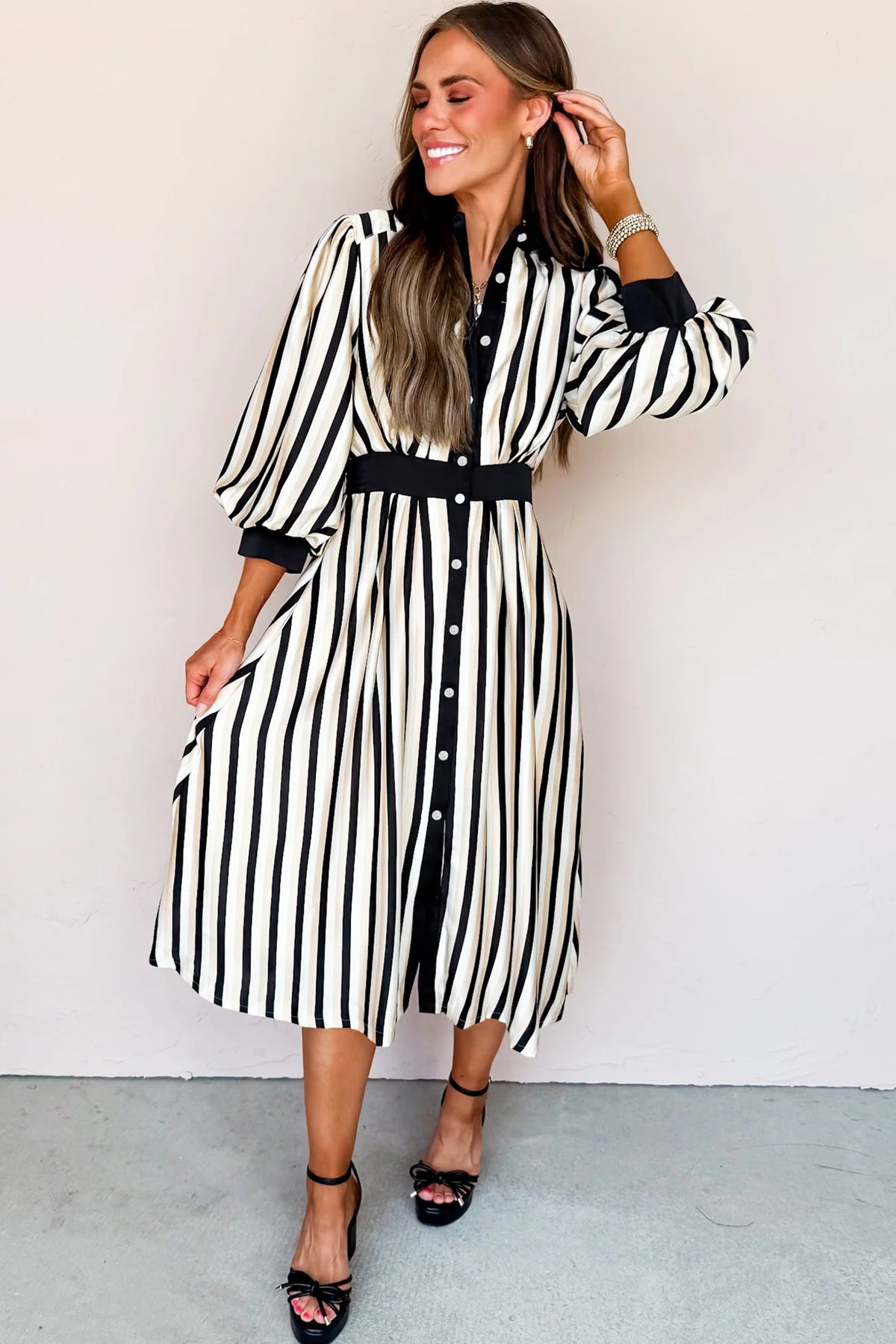 Black Stripe Button-Down Shirt Midi Dress