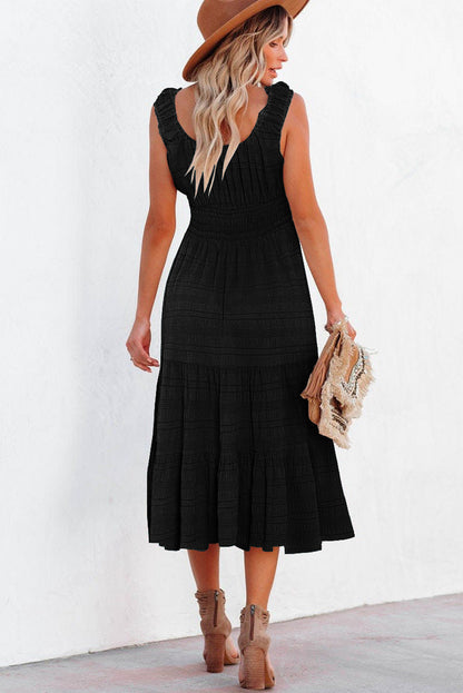 Rose Shirred Pleated Square Neck Midi Dress
