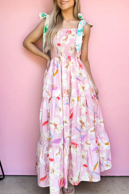 Floral Knotted Strap Tiered Maxi Dress