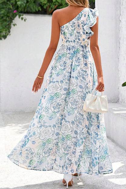 Sky Blue Floral One-Shoulder Ruffle Maxi Dress