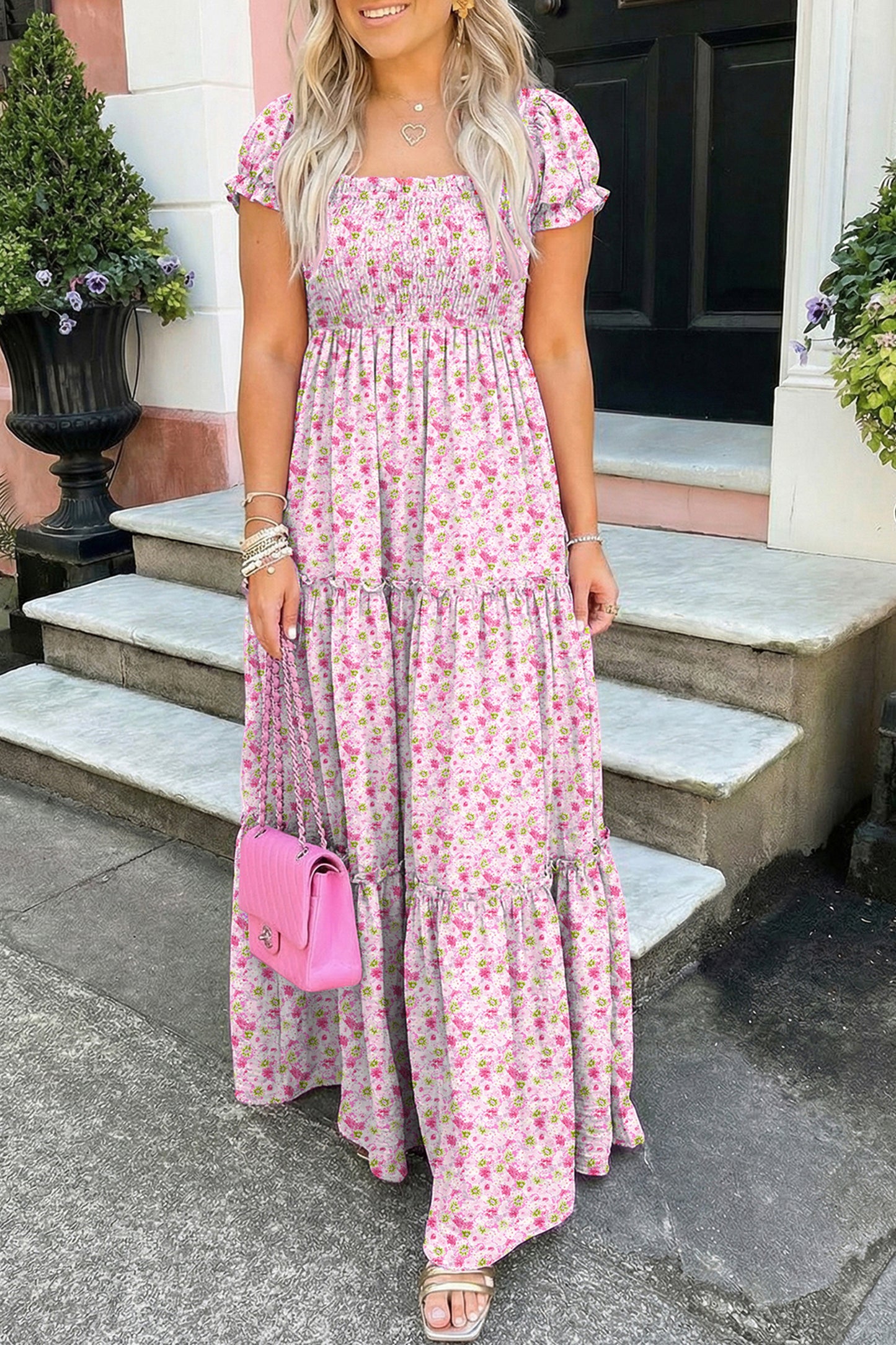 Pink Floral Shirred High Waist Maxi Dress