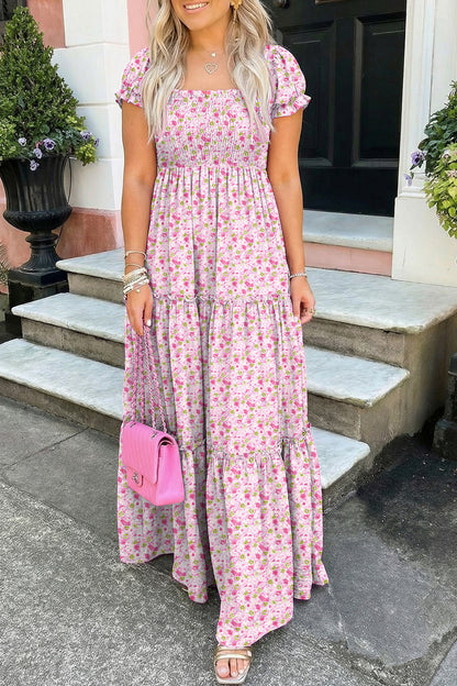 Pink Floral Shirred High Waist Maxi Dress