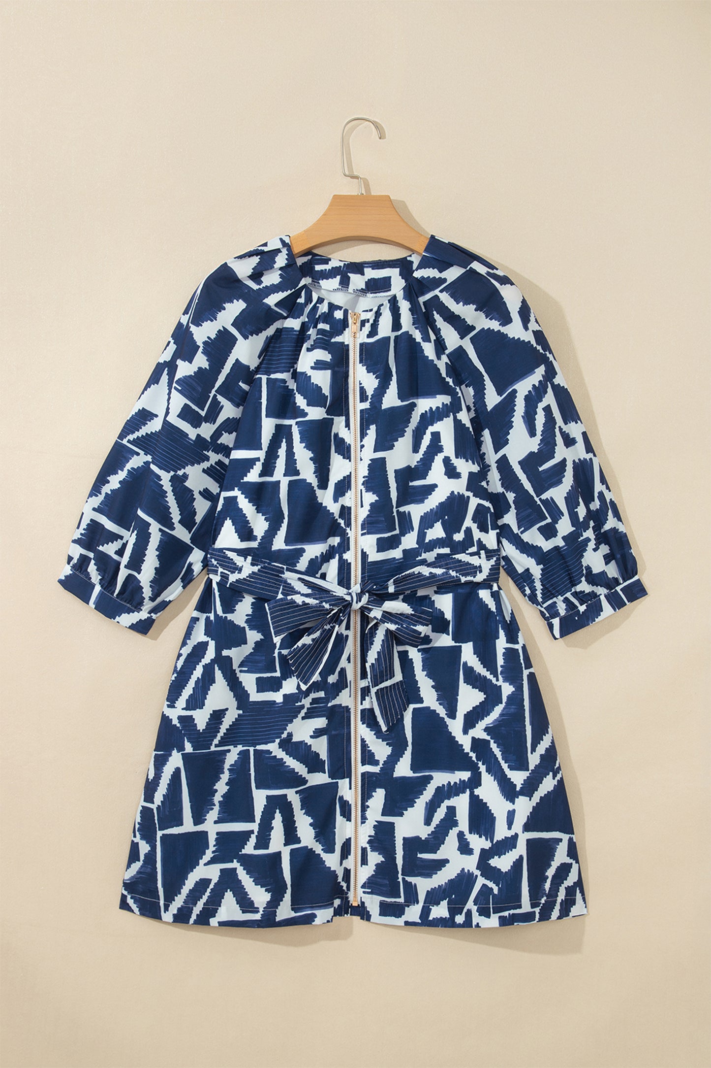 Blue Abstract Zip Front Tie Waist Dress