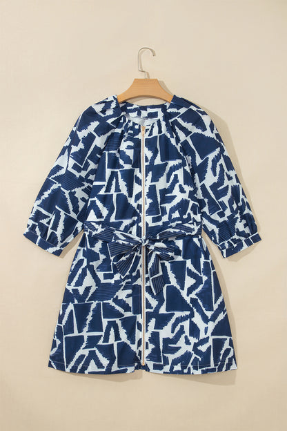 Blue Abstract Zip Front Tie Waist Dress